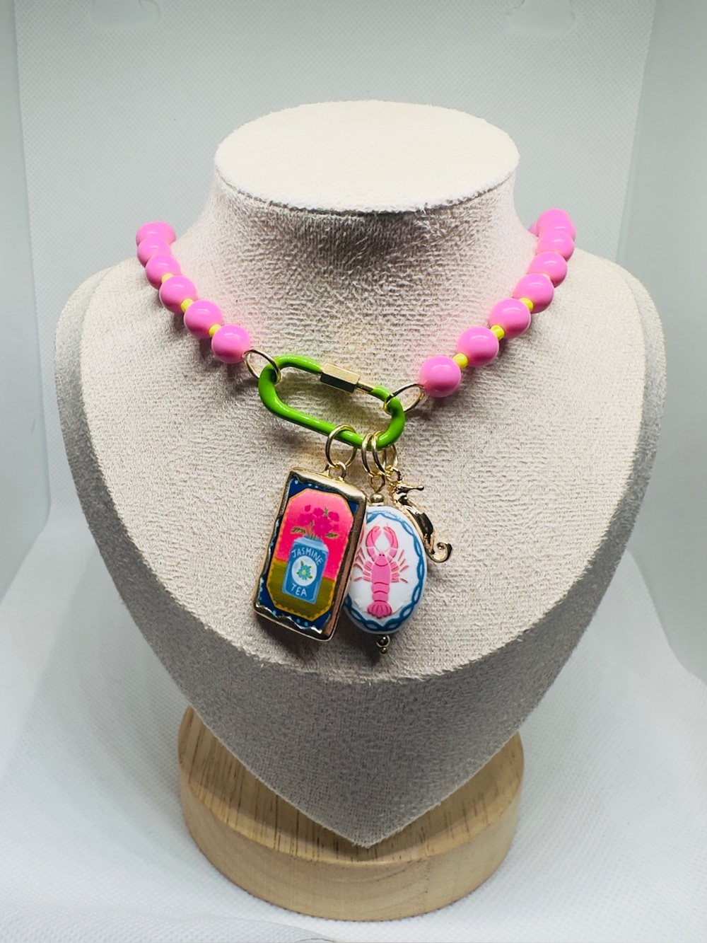 Pink Beaded Necklace with Green Carabiner and Charm Pendants